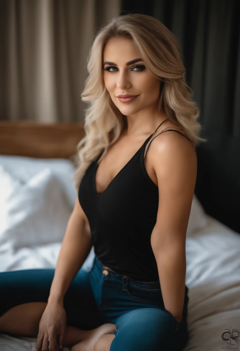 cute blonde woman, black top, black low waist jeans, full body shot, sexy girl with brown eyes, best quality, sitting on bed, curvy girl