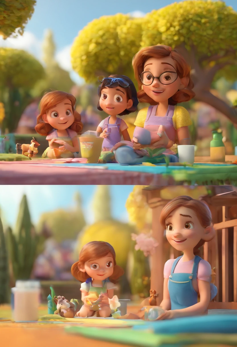 Estilo Pixar: Familia, Um pai, A mother and two girls. Uma menino de 6 anos e outro de 2 anos . Uma fazenda com vacas lindas e marrom .