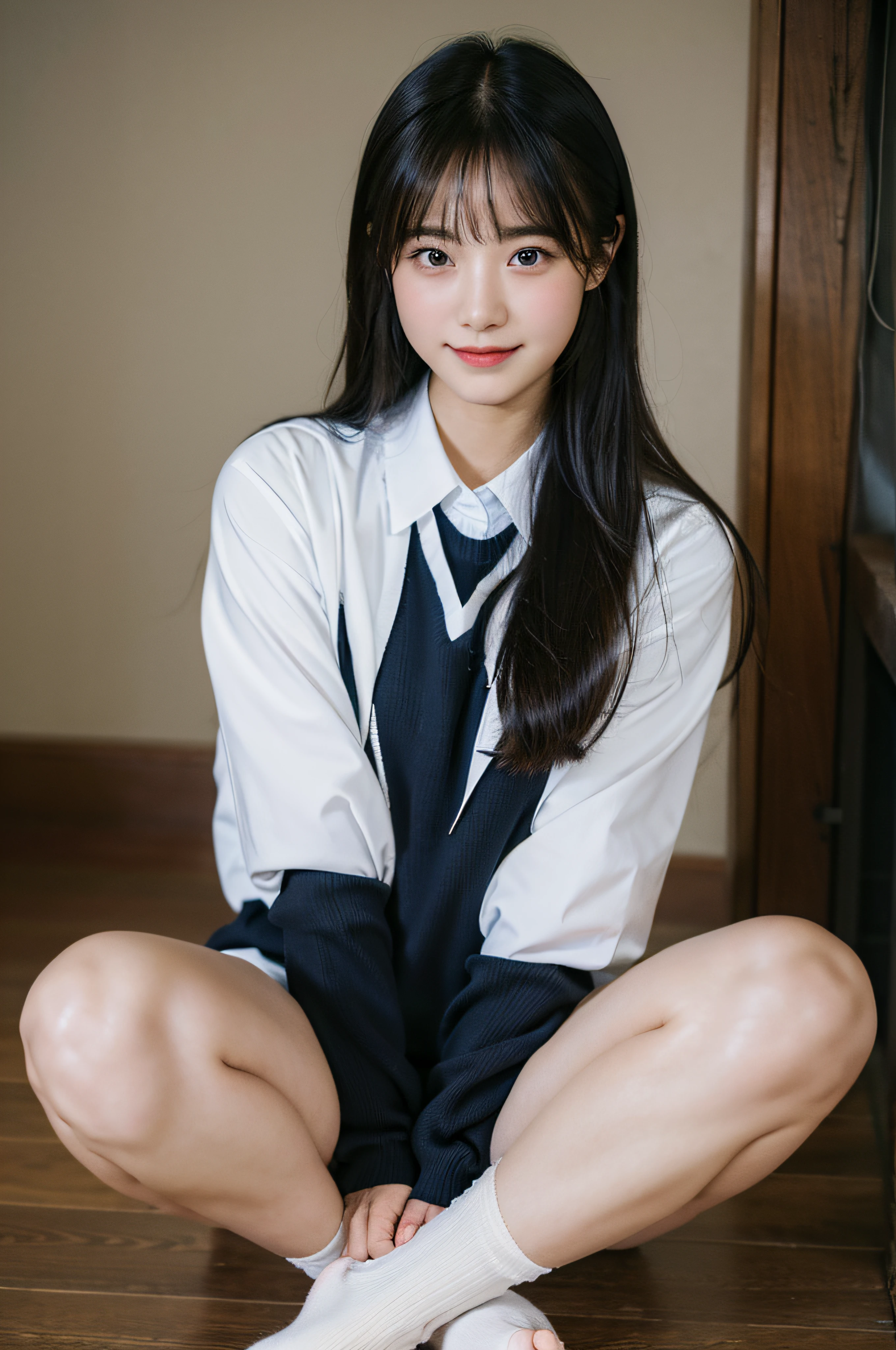 ulzzang -6500-v1.1、(Raw photo:1.2)、(photoRealstic:1.4)、Beautiful detailed girl、extremely detailed eye and face、beatiful detailed eyes、Ridiculous、unbelievable Ridiculous、huge filesize、ultra-detailliert、hight resolution、Ighly Details、top-quality、masterpiece、High school girl taking off uniform、slight smile、detaileds、nffsw、unification、8k wallpaper、Magnificent、finely detail、masterpiece、top-quality、Highly detailed ticker uniform 8k wallpaper、Facial light、电影灯光、 girl、Dynamic Poses、A half body、Barefoot and 、Beautiful knees、Sit with your knees bent、Squeeze your knees apart、Hands up、Raw feet、without socks、opening legs、Open your legs well、open wide legs、Not wearing tights、