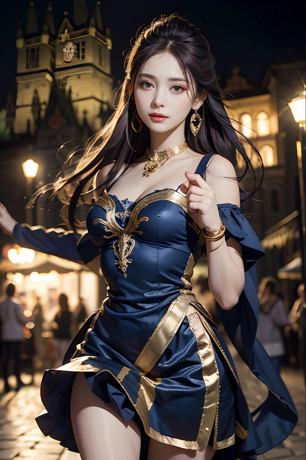 Prague Old Town Square background, gypsy dress, Dancing, Convoluted, Dark blue dress, gold, gypsy person, banquet, Large crowds, picking up skirt,pale skin, [slight smile],