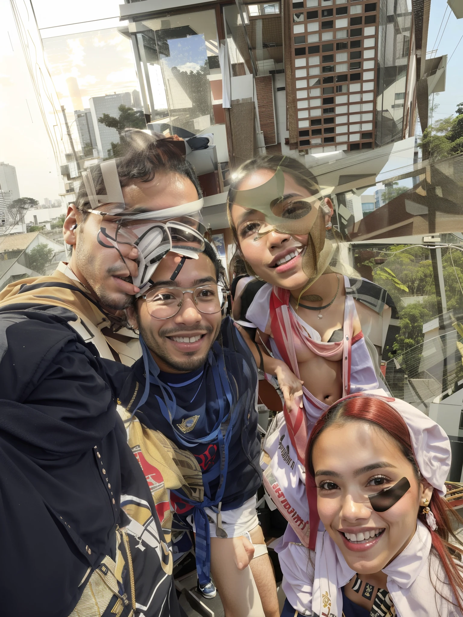 Several people are posing for a photo in a room overlooking the city, In Sao Paulo, Directed by: Felipe Seade, Directed by: Nandor Soldier, Malika Favre, São Paulo, Directed by: Willian Murai, Directed by: Luis Miranda, david rios ferreira, andrea rocha, 🐝👗👾, Directed by: Robert Combas, Valentina Embaralhamento