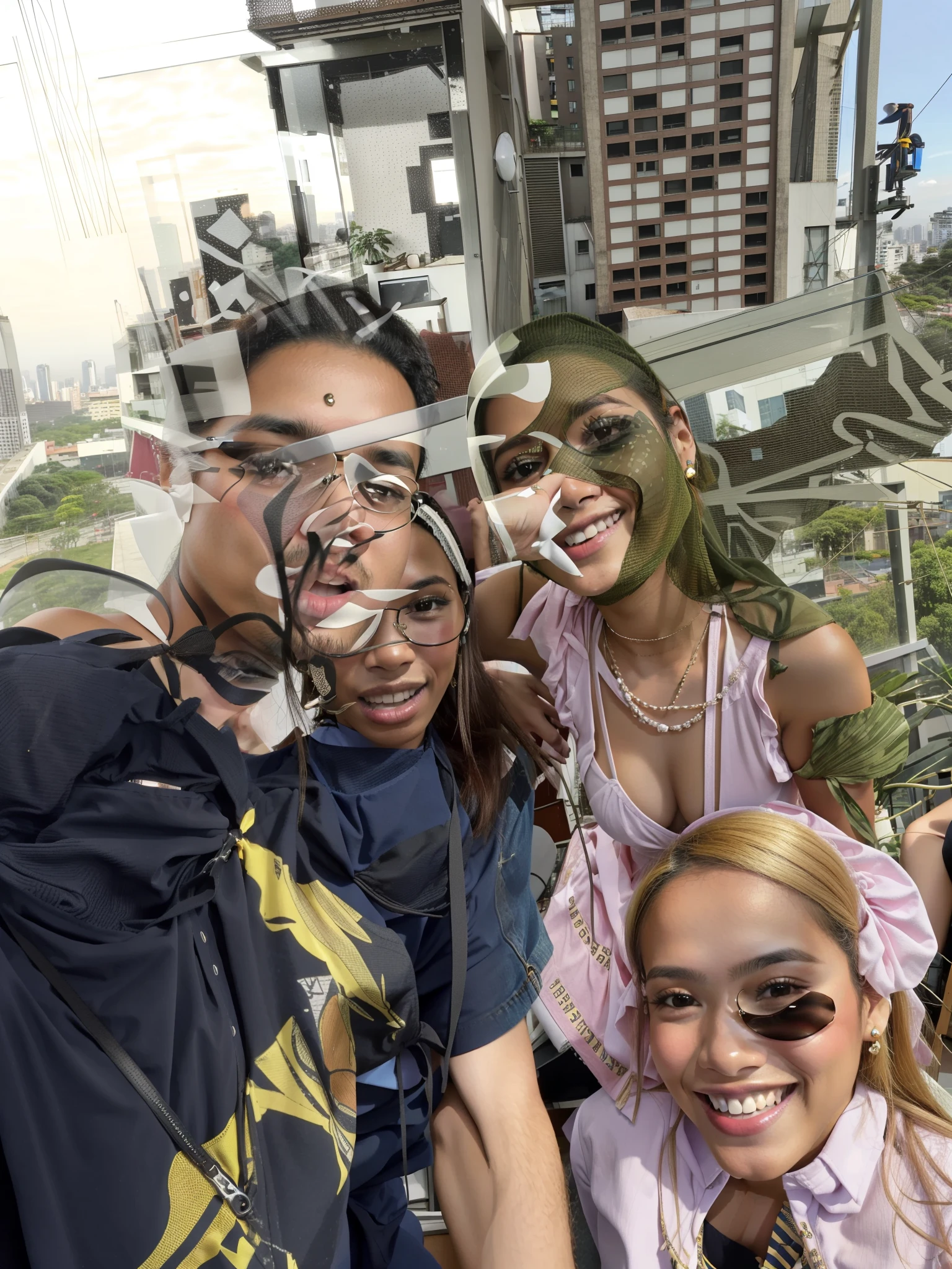 Several people are posing for a photo in a room overlooking the city, In Sao Paulo, Directed by: Felipe Seade, Directed by: Nandor Soldier, Malika Favre, São Paulo, Directed by: Willian Murai, Directed by: Luis Miranda, david rios ferreira, andrea rocha, 🐝👗👾, Directed by: Robert Combas, Valentina Embaralhamento