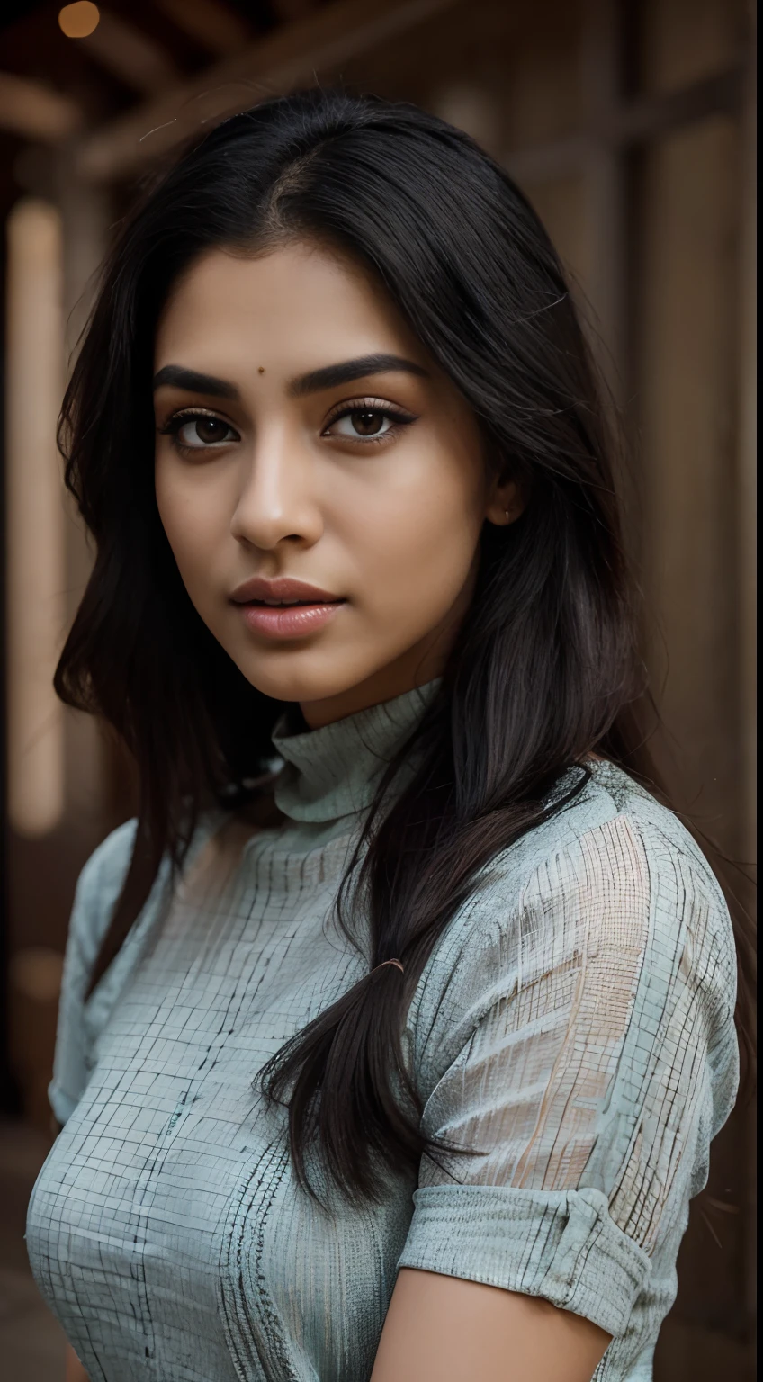 ultra-realistic photographs,Indian Instagram female model,mid 20s,9:16,mid-shot,beautiful detailed eyes,detailed lips,longeyelashes,black stylish hair, naturally full eyebrows,perfectly formed nose,expressive face,attractive appearance,confident and elegant posture,graceful movement,vibrant and colorful turtle-neck t-shirt, vibrant patterns, party background, serene atmosphere,stunning architecture,soft and natural lighting,vivid colors,photorealistic,HDR,highres,studio lighting,ultra-detailed,bokeh,fully covered clothes