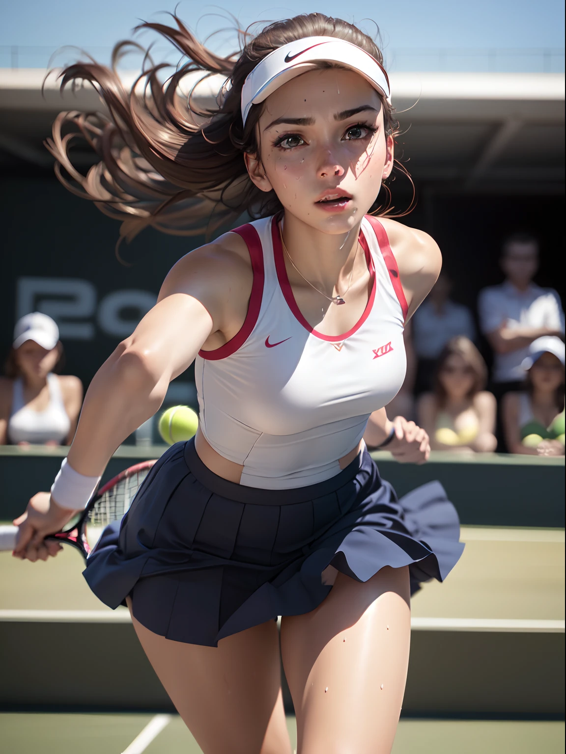 Best Quality, masutepiece, High resolution, (Photorealistic:1.4), Raw photo, 1 beautiful girl ,Dynamic Angle,Female tennis player,skirt ,small head, Glowing skin, Sweat,At the tennis venue,(Detailed beautiful face:1.4),detailed skins,Detailed eyes,detailed hairs,Cool,Beautiful,nice legs,