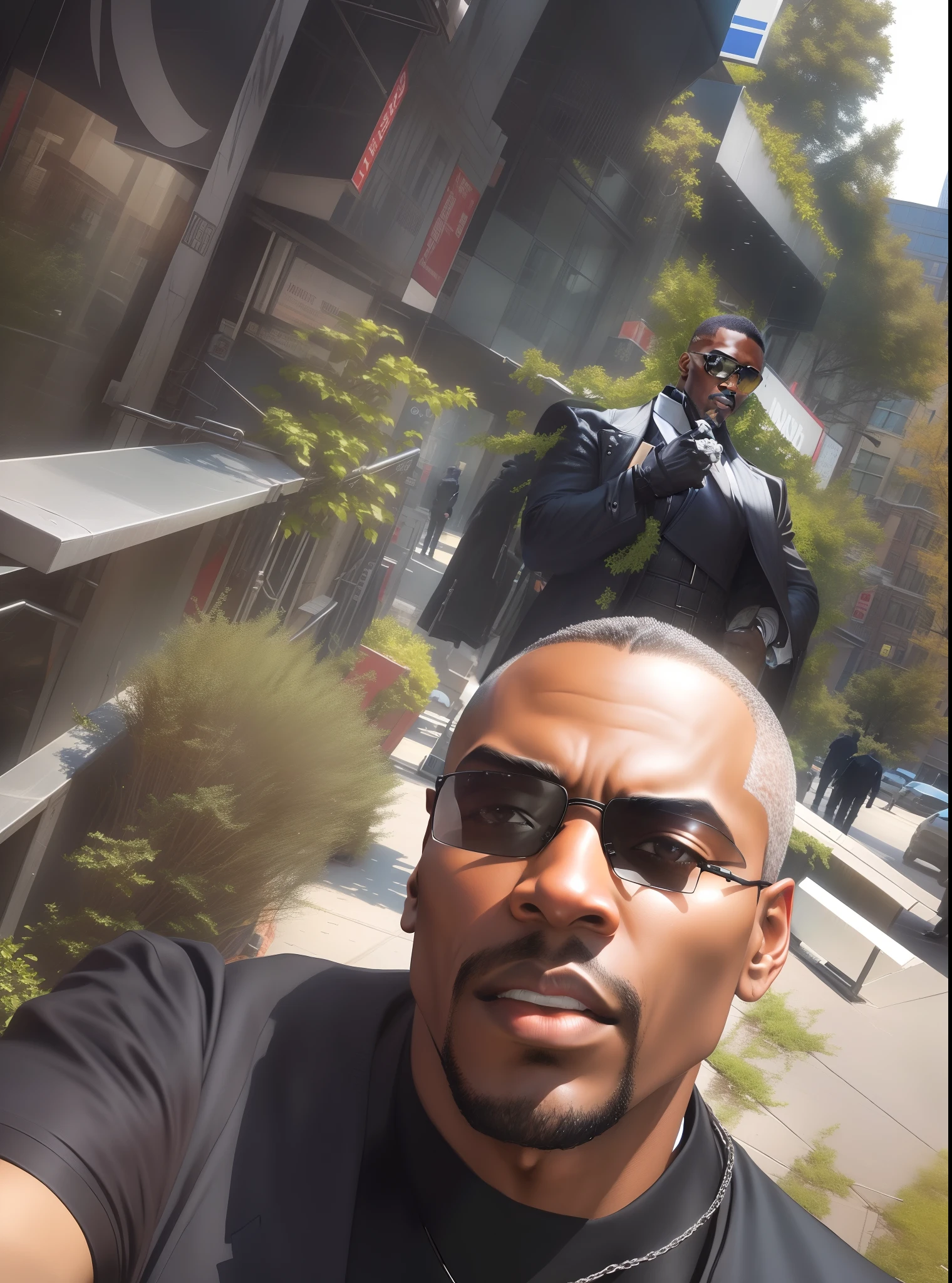 There's a strong black man dressed in a black overcoat and sunglasses in Matrix in downtown New York