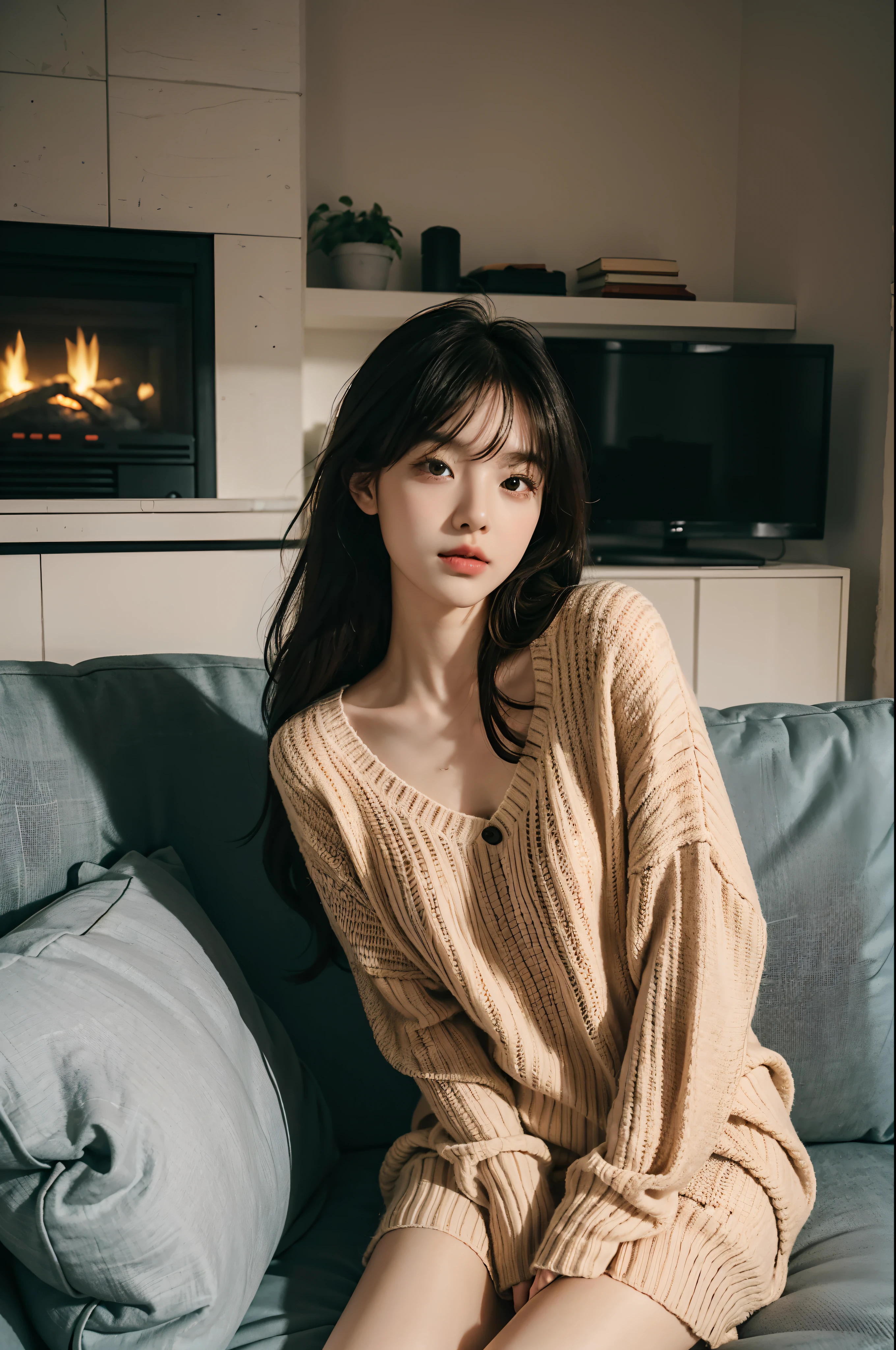 A daughter，Draped with hair，Wear a sweater，Pajamas，Sitting on the living room sofa，The house is small fresh design style，The lights are warm，Simple，Fashionab，超高分辨率，Very detailed，realisticlying