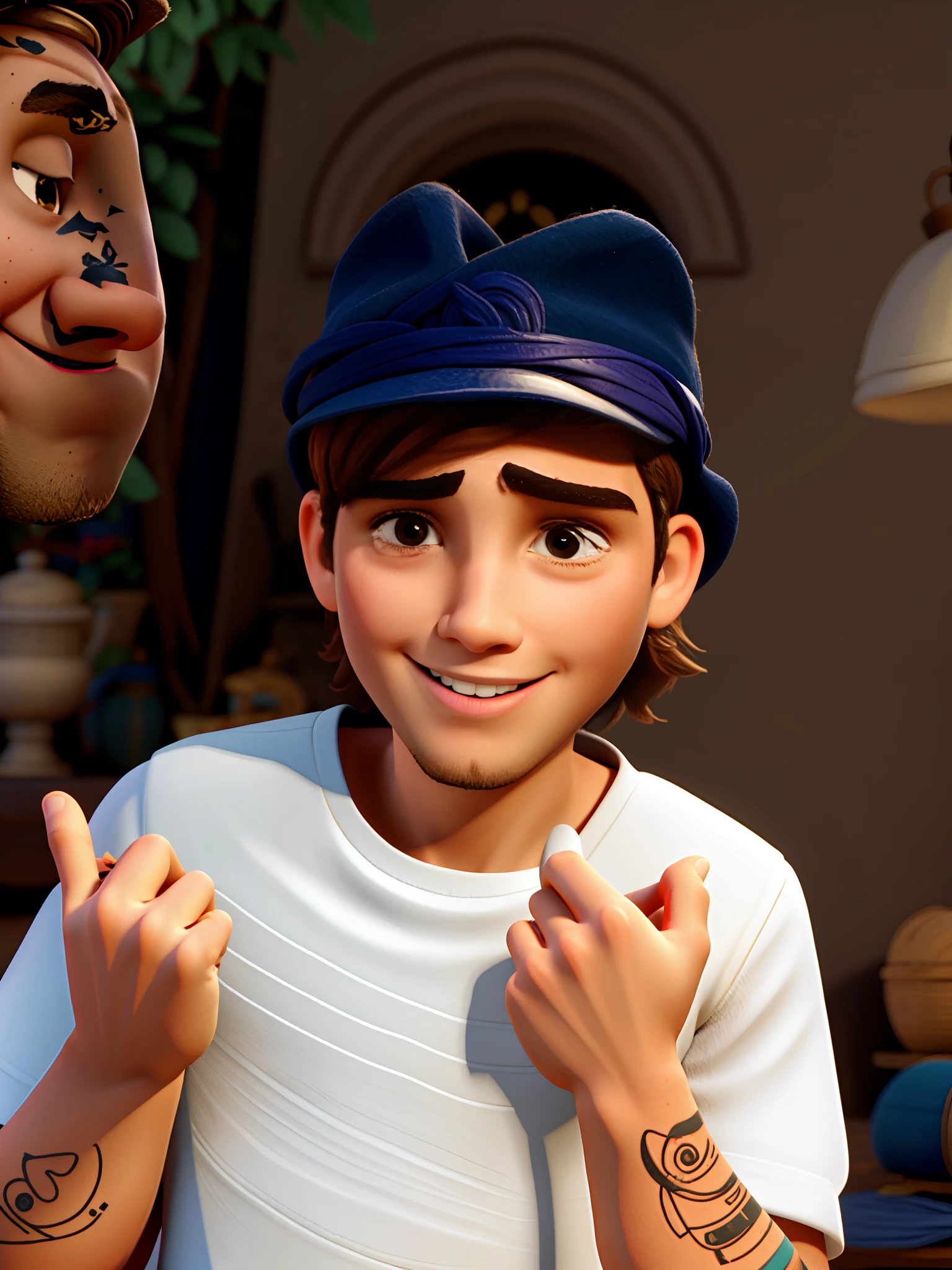 There's a boy wearing a hat and making a peace sign, garoto chamado dedo, Usando tatuagens shipibo, Asher Duran, marcas no rosto, tem cabelo preto curto, meninoosto neutro, sinal de paz, caio santos, Sidney Lugo, mateus 9 5, com tatuagens de runa no rosto, Diego 5, cara perfeita e menino