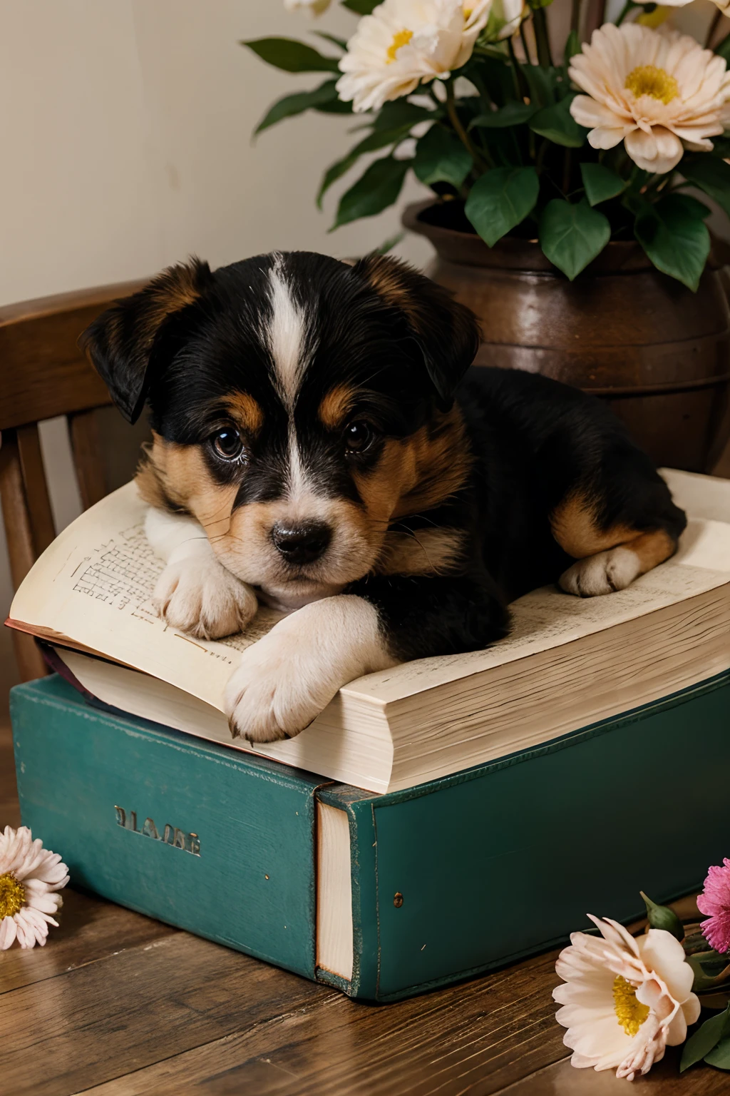 a puppy sitting on a book with flowers and a book, aww, cute detailed, cute dog, curled up on a book, beautifully