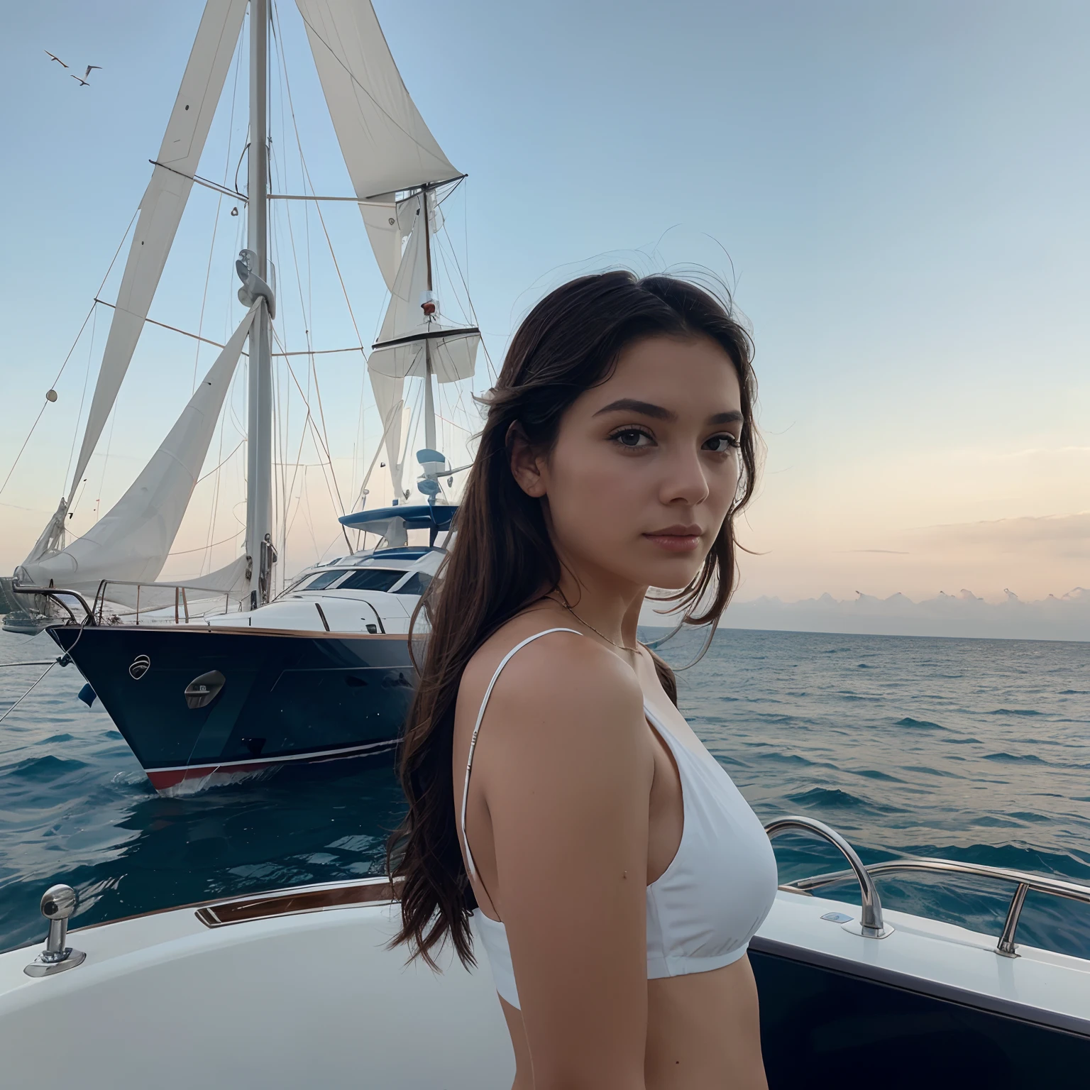 beautiful 21-year-old supermodel, white skin, black hair, in a bikini on a yacht, strong shadows, ultra-realistic, ultra-detailed, real, 8k photo taken with a professional cinema camera