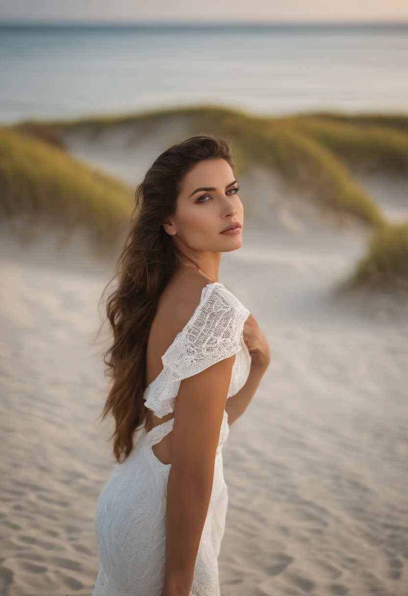 Femme arafed avec petit haut jaune, regardant la camera sur une plage de sable blanc, yeux vert, brunette