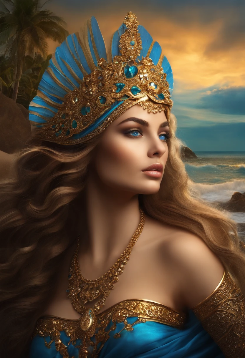 "From the depths of the ocean, Aphrodite rises, her blue eyes shining like the waves and her skin glowing with a golden tan. As the goddess of love and desire, her beauty is unmatched, and now you can see her in all her glory - every curve, every detail, rendered with precision and style."