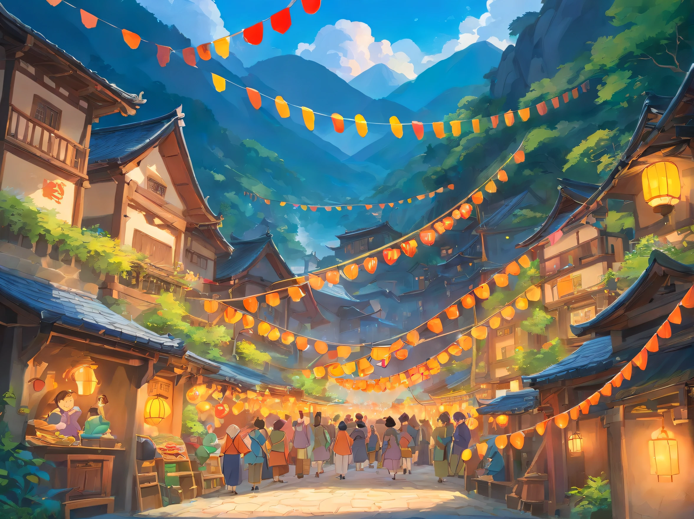 The scene of the festival paints a joyful and lively atmosphere。The whole village is dressed up，Colorful bunting flutters in the air，The villagers are dressed in Zhuang costumes，With a smile of joy and anticipation，Come together。In the middle of the village stands a mysterious cave，The light at the entrance of the cave is warm，Exudes a beautiful glow。