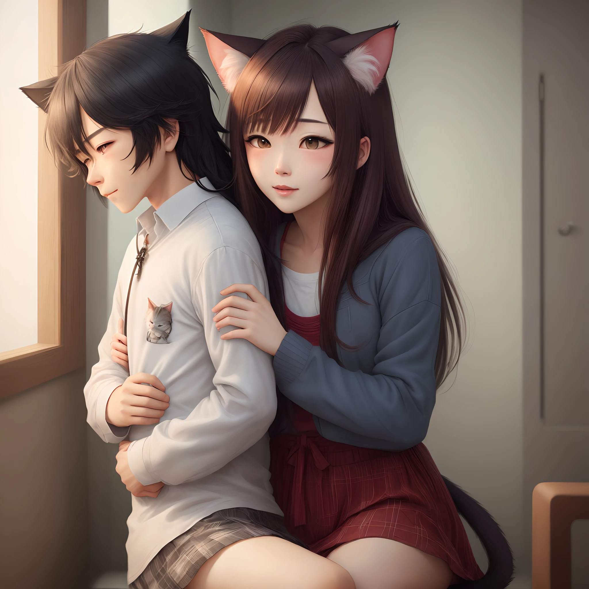 A male neko Mimi with crimson hair and a cute face with green eyes wearing a black hoodie