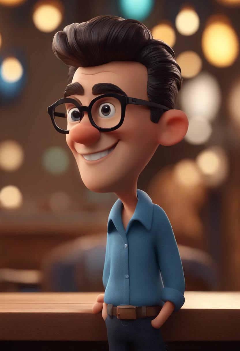 Cartoon character of a man with black glasses and a blue shirt, animation character, Caractere estilizado, animation style rendering, 3D estilizado, Arnold Maya render, 3 d render stylized, toon render keyshot, Personagem 3D, Personagem 3D, 3d rendering stylized, 3 d character render, personagem de desenho animado, Personagem de close up, Pose de personagem, (Estilo Pixar) (master part:1.2) (Bokeh) (best quality) (pele detalhada) (textura detalhada) (8k) (argila) (Cinematic lighting) (foco nítido