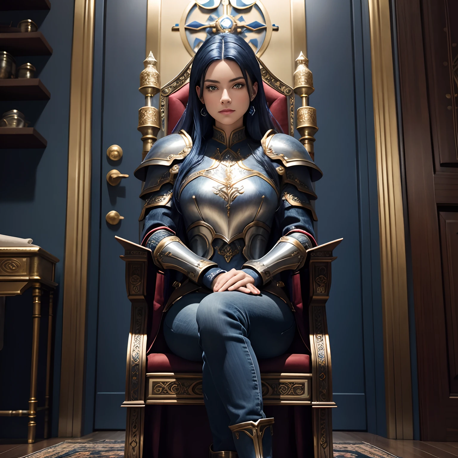 Masterpiece, high quality, 8k, One adult woman with dark blue hair, sapphire blue color eyes, detailed facial features, red ship, metal ship, metal floor, metal walls, sitting on a throne, in the middle of the room, a door in the middle of the back wall behind the chair, fancy rug, armor, scale mail armor, greaves, facing the camera, jeans,