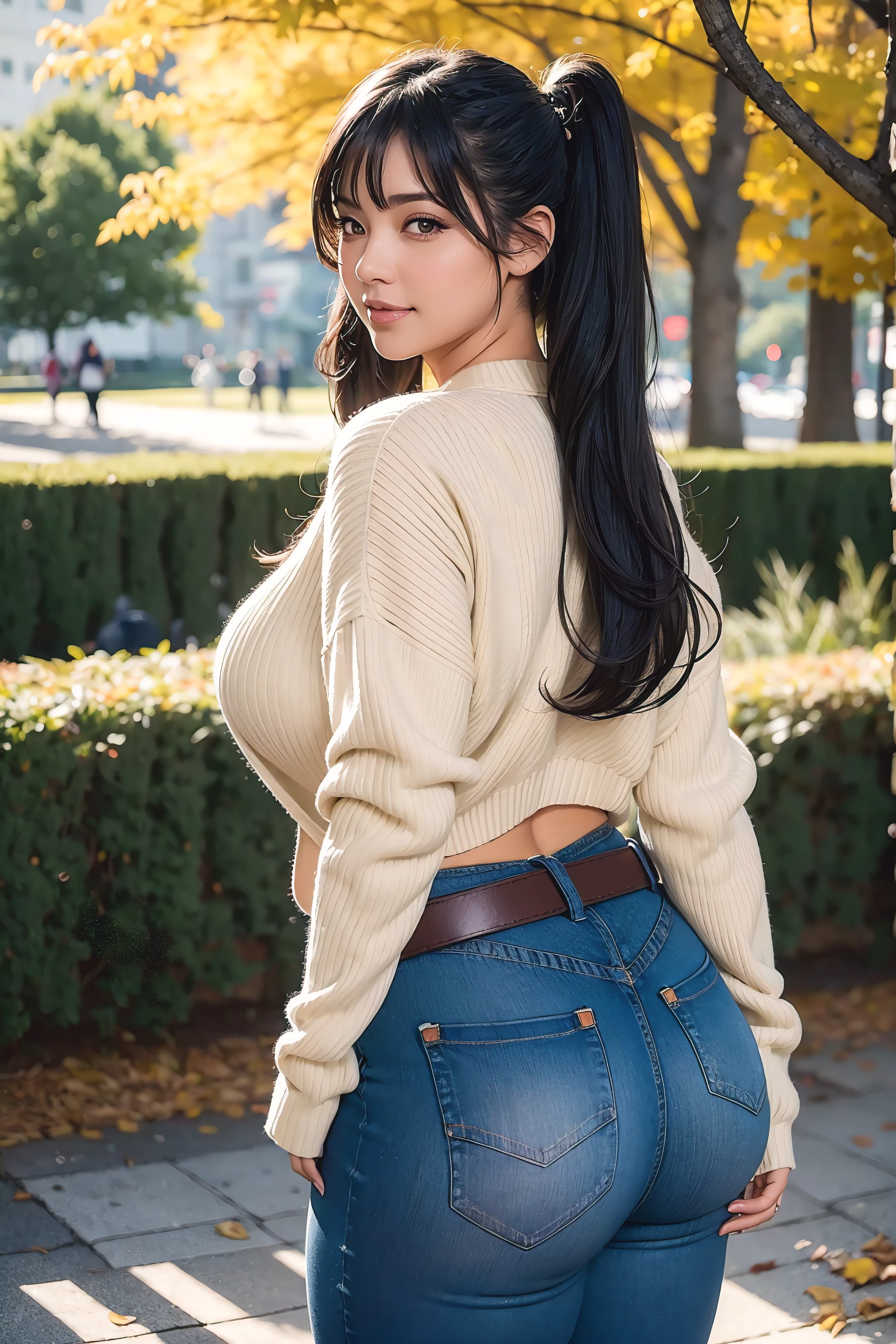 Beautiful sensual and erotic woman with a curvy body, long full black hair, bangs, twintail, widest waist, thicc, beautiful fitting breasts, curvy accentuated booty, detailed sparkling eyes, long eyelashes, light smile, thick thighs, Strong calves, taniaayusiregar, She wears an open cardigan over a shirt and jeans with belt, walks through a park in Fall season, having fun, trees and old buildings far in background, she looks conspirational, cardigan is beige, Shirt is yellow, photorealistic, Masterpiece, bokeh, Volumetric lighting, sensual atmosphere, close up shot