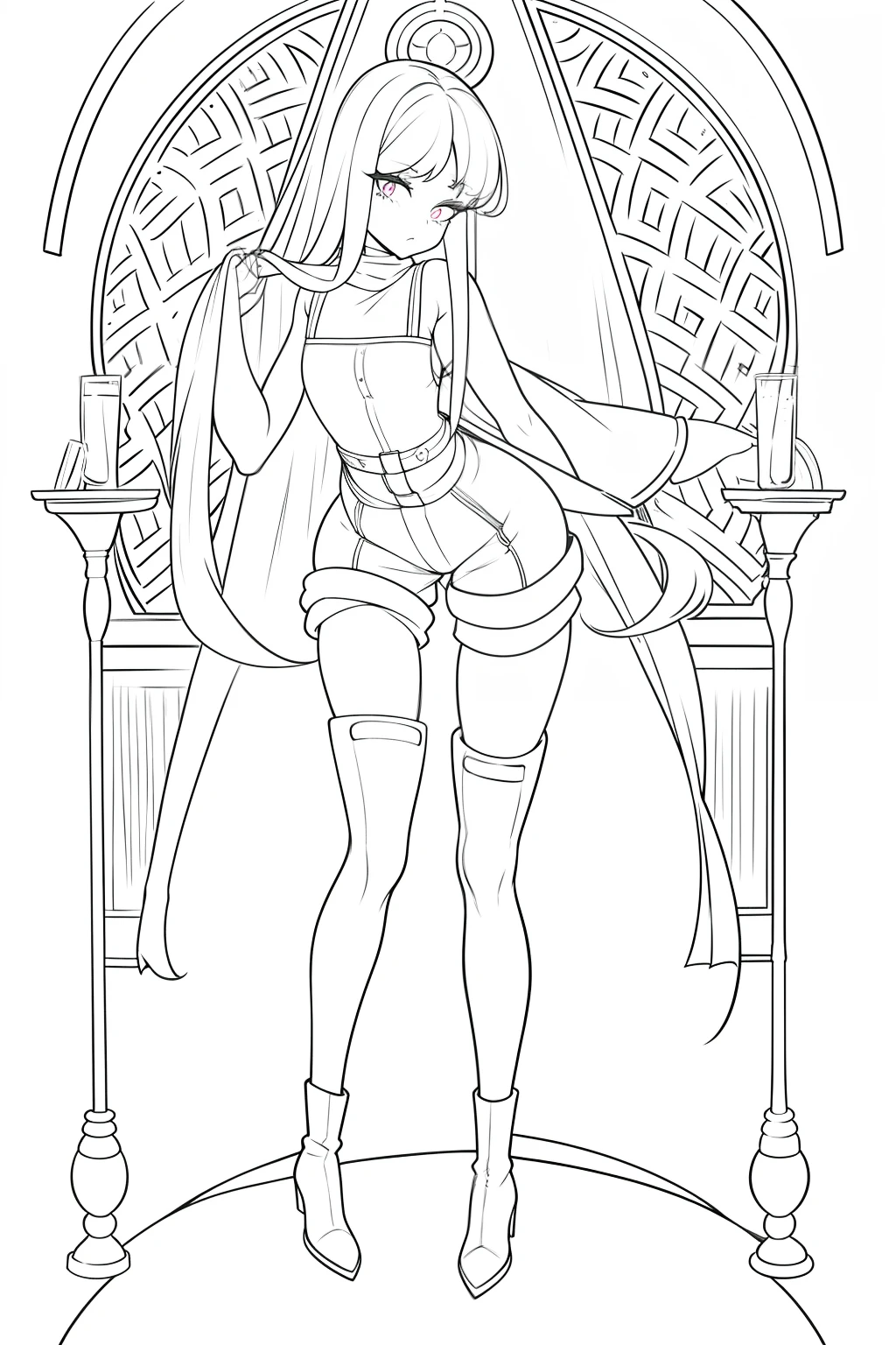Smooth outline, White background, Holding a glass of wine, with grace and coldness intact, Hair, Bangs separated in three parts, Longer fringe capturing her face, hair length reaching the knees, Face, Jeweled pupil, Luscious eyelashes, Cold facial demeanor, Body, Curvaceous, hourglass shape, 180.34 cm, Clothing, Soft garment type, Close-fitting, One-piece overalls, mini hip hugger shorts, Semi Body-suit, sleeveless, turtleneck, Waist window, thigh-high stocking, leather heeled-boots