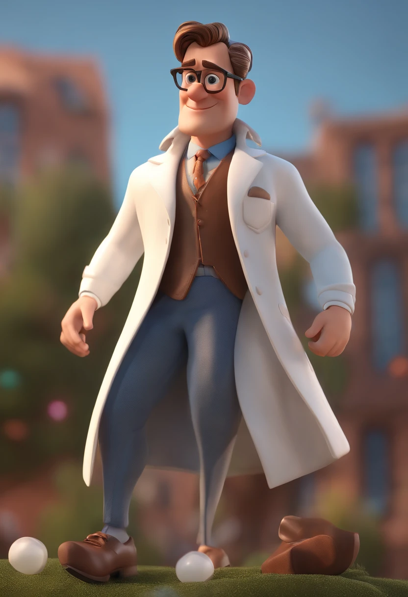 Cartoon character of a man with brown glasses and a blue shirt and white coat on top, animation character, Caractere estilizado, animation style rendering, 3D estilizado, Arnold Maya render, 3 d render stylized, toon render keyshot, Personagem 3D, Personagem 3D, 3d rendering stylized, 3 d character render, personagem de desenho animado, Personagem de close up, Pose de personagem, (Estilo Pixar) (master part:1.2) (Bokeh) (best quality) (pele detalhada) (textura detalhada) (8k) (argila) (Cinematic lighting) (foco nítido