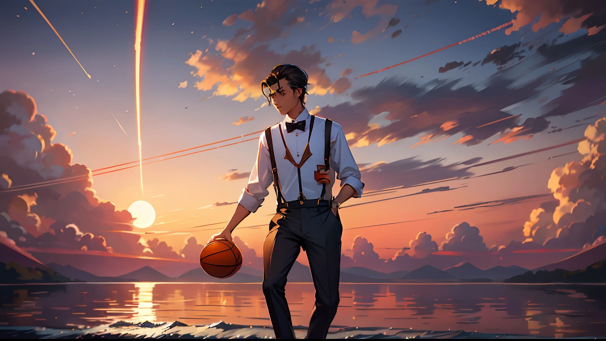 the sunset,eventide,middle parted hairstyle,Suspenders,holding a basketball in his right hand,meteors(Swipe left),styled(Your name)