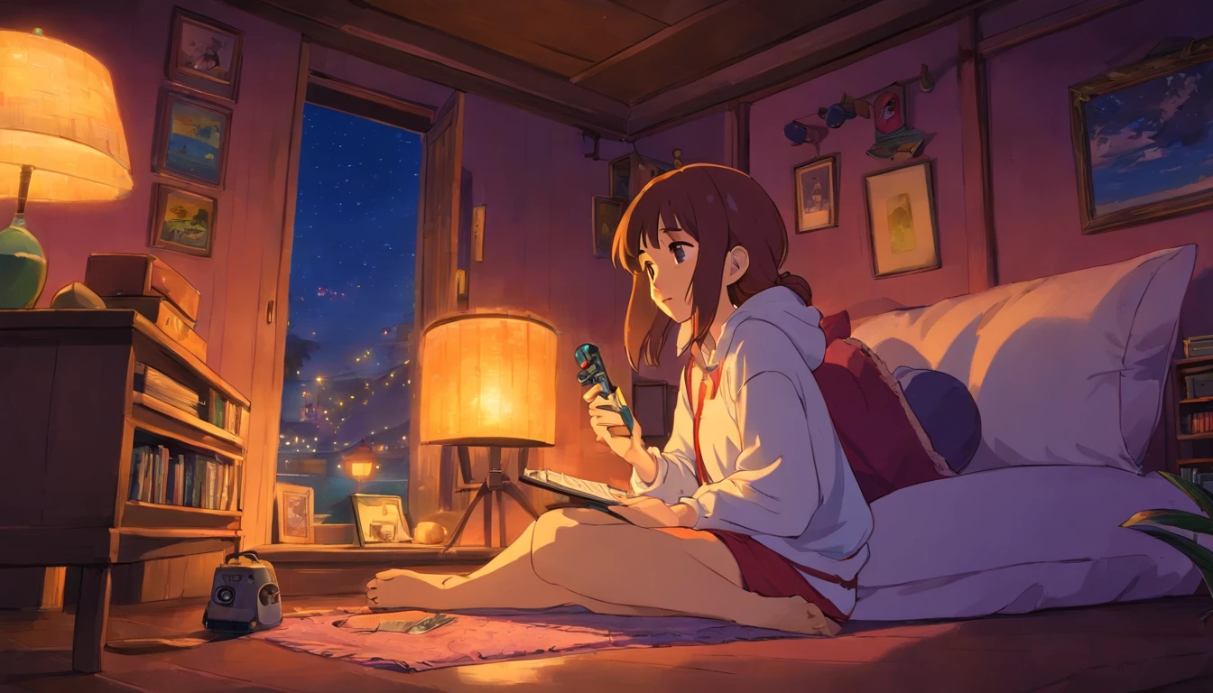 imagem perfeita, 8k, Girl listening to music in a cozy room at night, Usando fones de ouvido, Anime estilo 2D, Lo-fi, disco Rigido, Ambiente escuro, Cuddled with her boyfriend,
