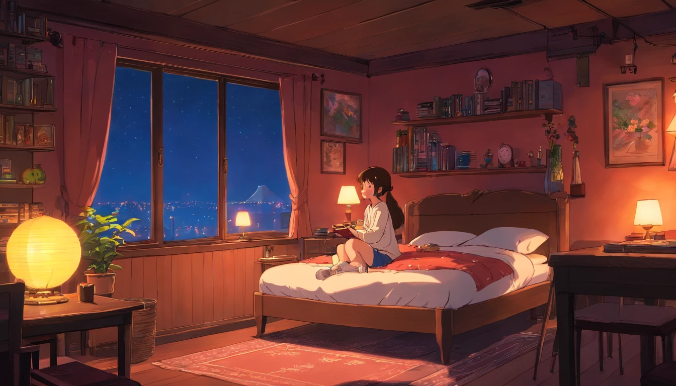 imagem perfeita, 8k, Girl listening to music in a cozy room at night, Usando fones de ouvido, Anime estilo 2D, Lo-fi, disco Rigido, Ambiente escuro, Cuddled with her boyfriend,
