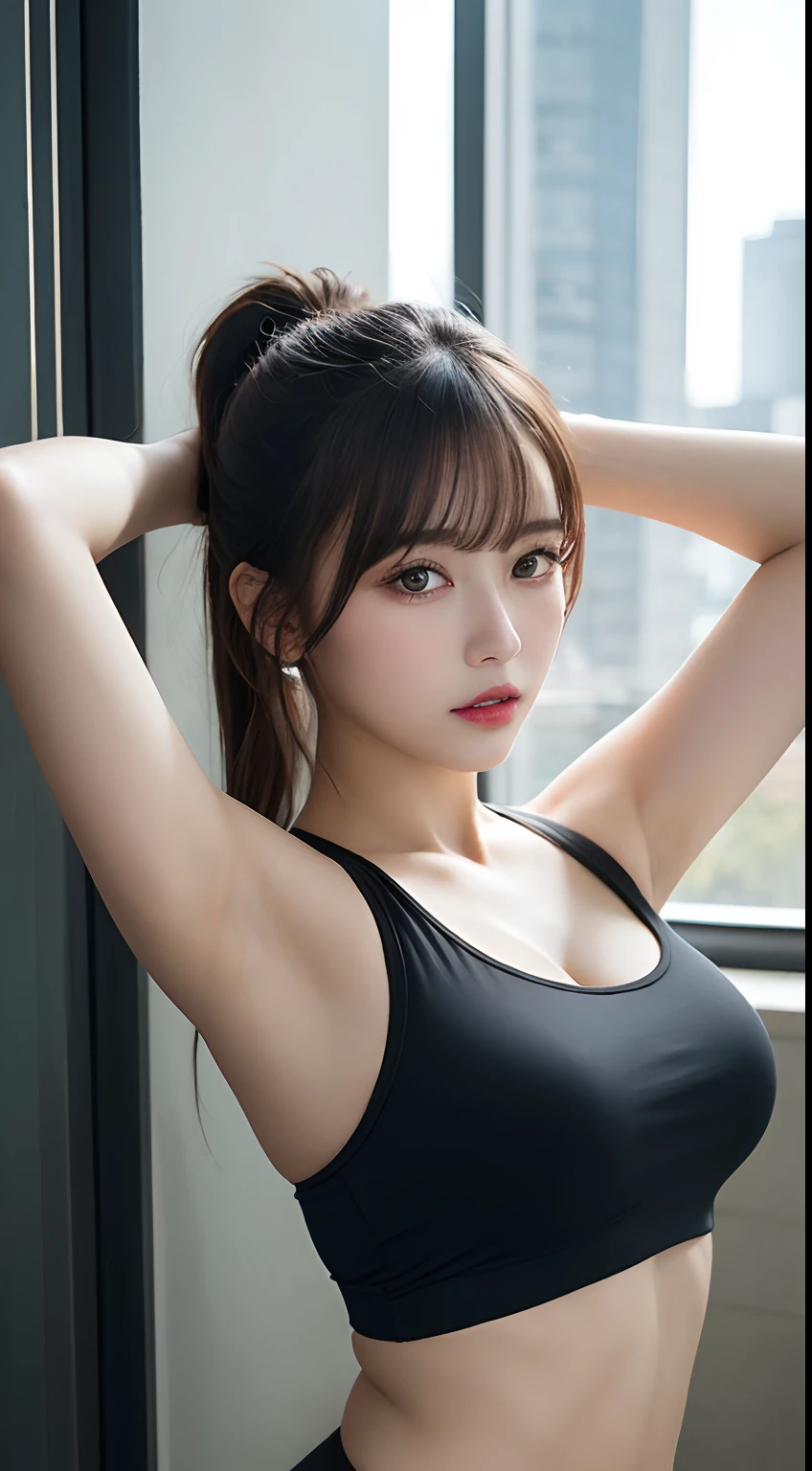 A close up of a woman in a black top and black shorts - SeaArt AI