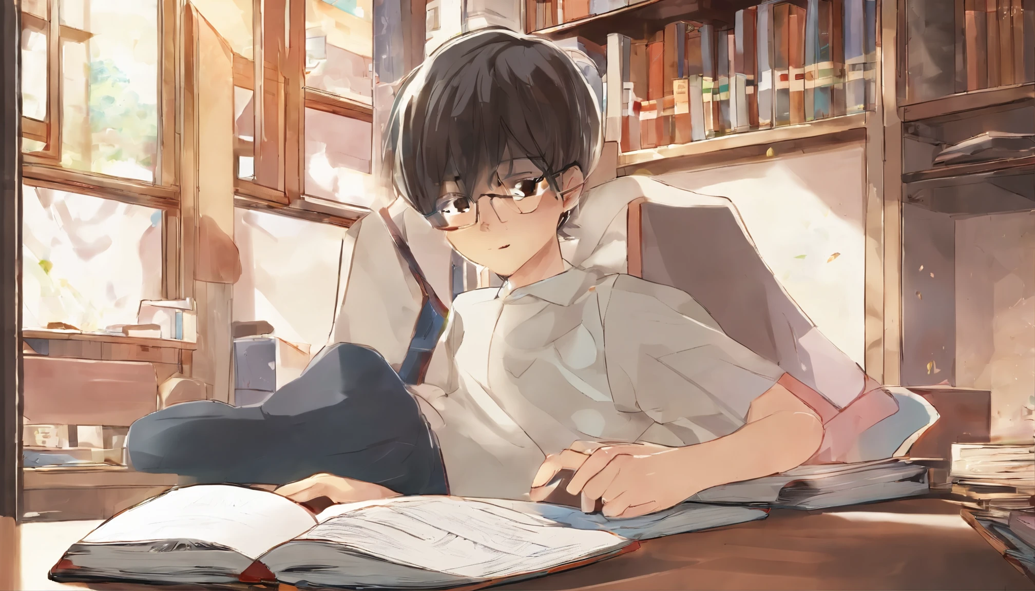 Close-up of a child sitting at a desk with a book, ilustration, children's book illustrations, reading new book, concept art of single boy, trying to study, research, Sketch in his notebook, Woody\Homework, illustrative art, kids drawing, childrens art in artstation, lovely digital painting, an animated character, Cartoon style illustration