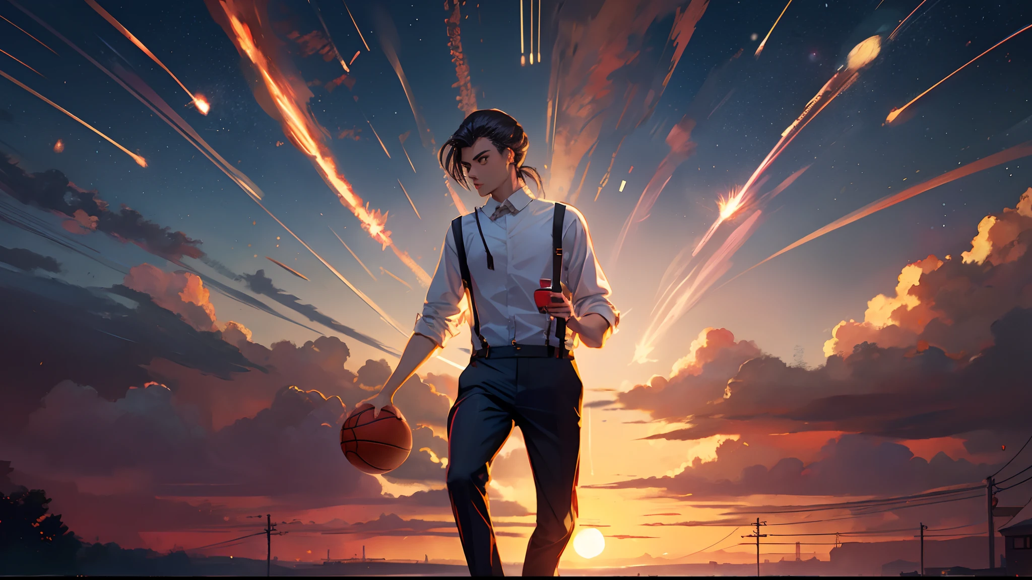 the sunset，eventide，middle parted hairstyle，Suspenders，holding a basketball in his right hand，meteors（Swipe left），styled（Your name）