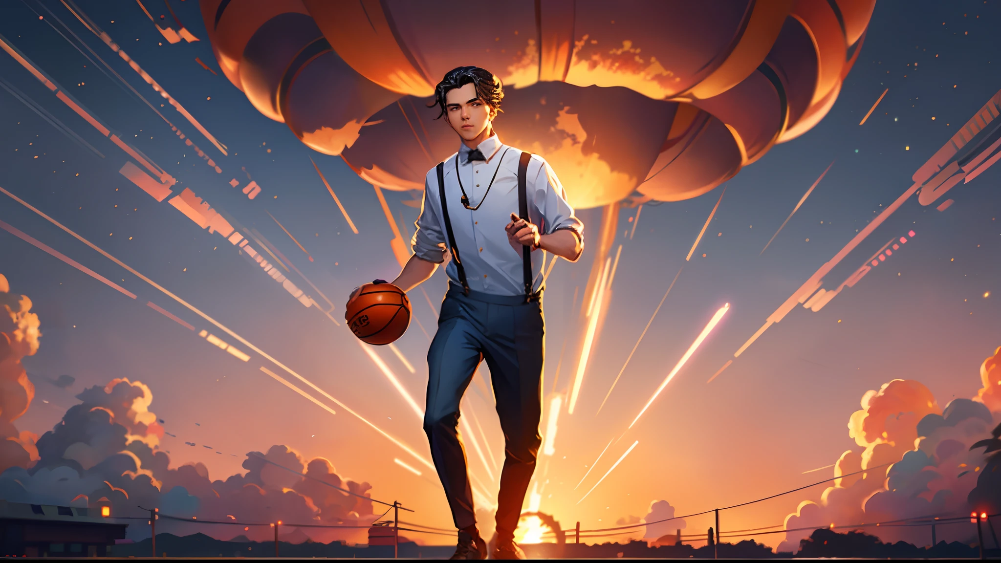the sunset,eventide,middle parted hairstyle,Suspenders,holding a basketball in his right hand,meteors(Swipe left),styled(Your name)