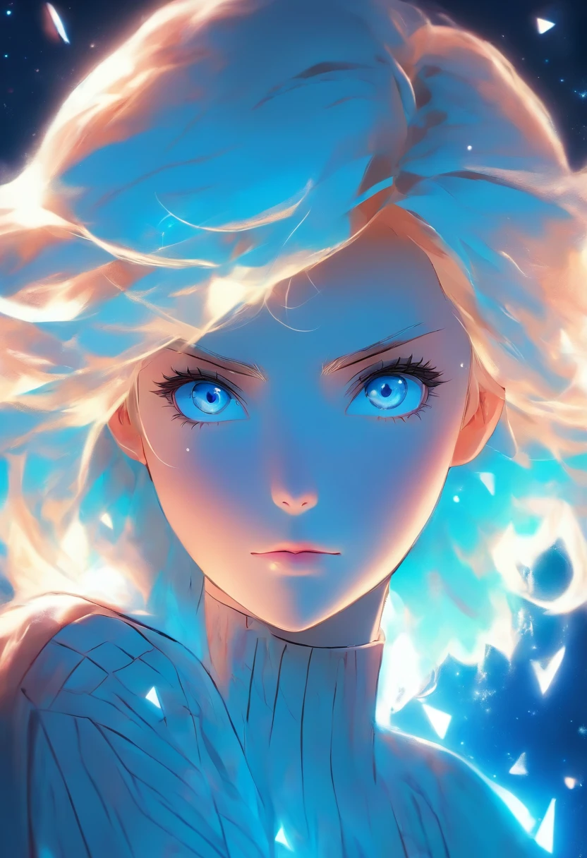 Anime-style illustration of a girl with white hair and blue eyes, isolated on a plain background. Her gaze is thoughtful, and her attire, marked by triangle designs, is detailed and distinct without any background distractions.