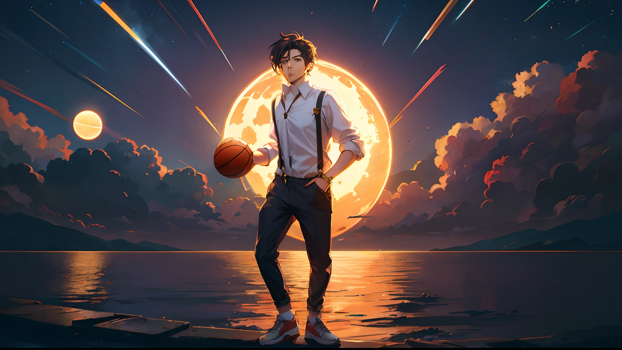 the sunset,eventide,middle parted hairstyle,Suspenders,holding a basketball in his right hand,meteors(Swipe left),styled(Your name)