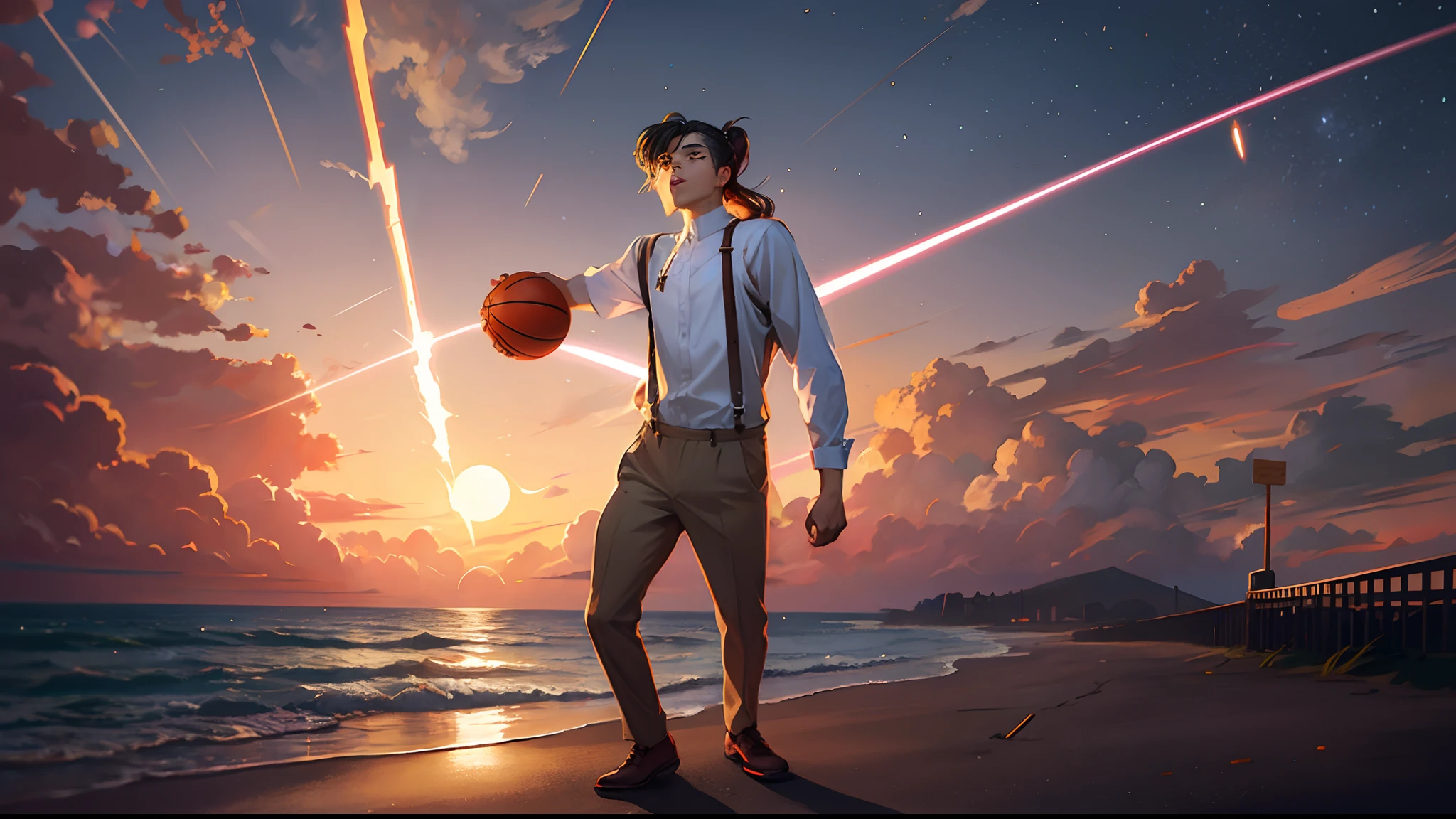 the sunset，eventide，middle parted hairstyle，Suspenders，holding a basketball in his right hand，meteors（Swipe left），styled（Your name）