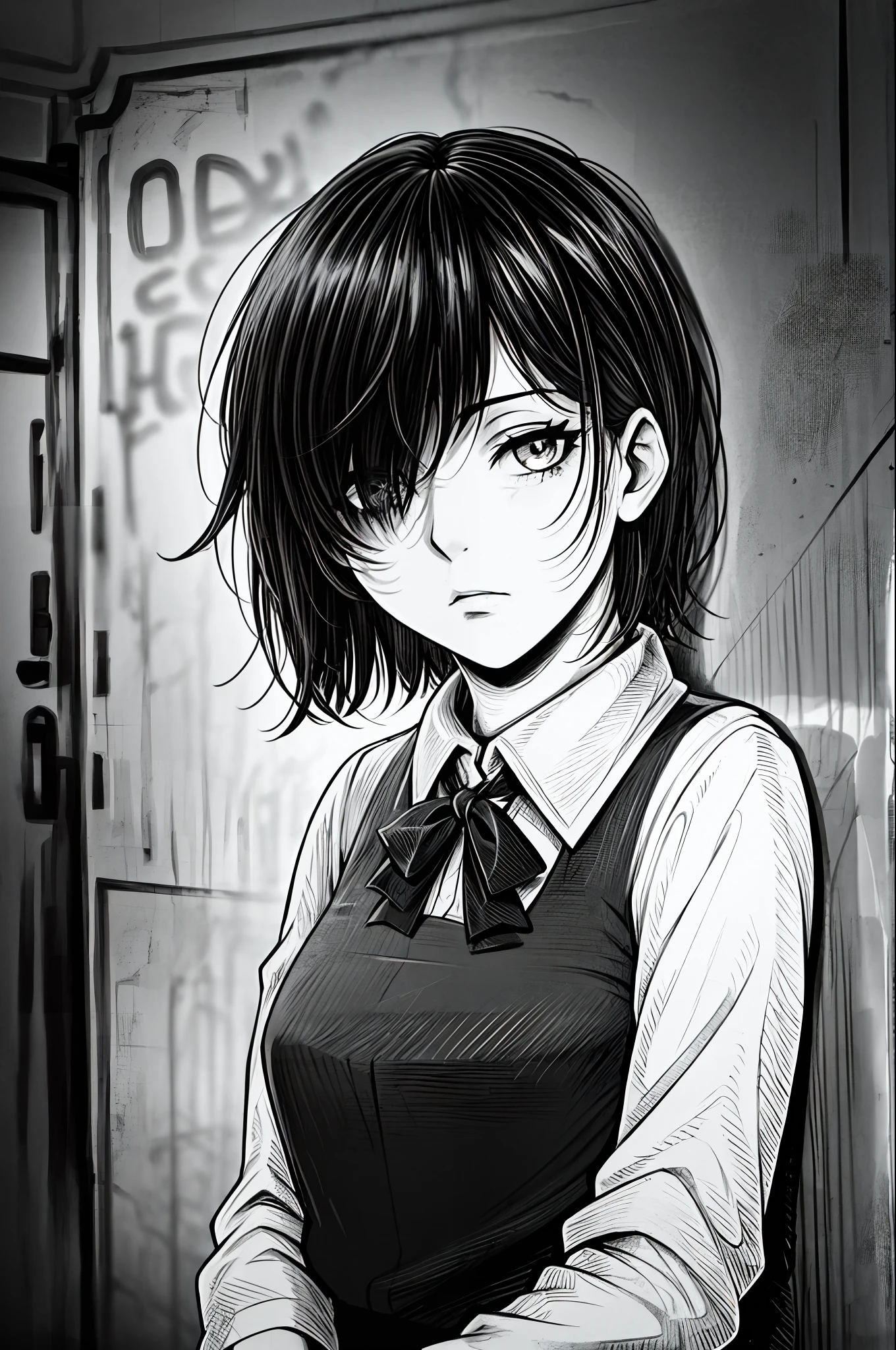 best quality, intricate details, lineart, monochrome,1girl, school uniform, short messy hair, black hair, messy hair, hair over one eye, sharp eyes, shirt, Leaning against the wall , dim lighting, alley way