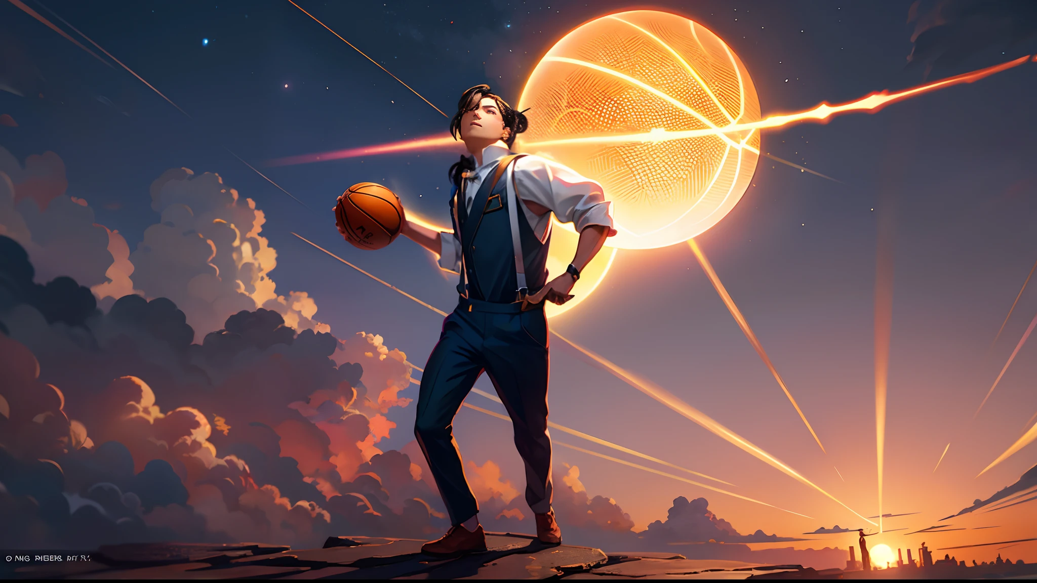 the sunset,eventide,middle parted hairstyle,Suspenders,holding a basketball in his right hand,meteors(Swipe left),styled(Your name)