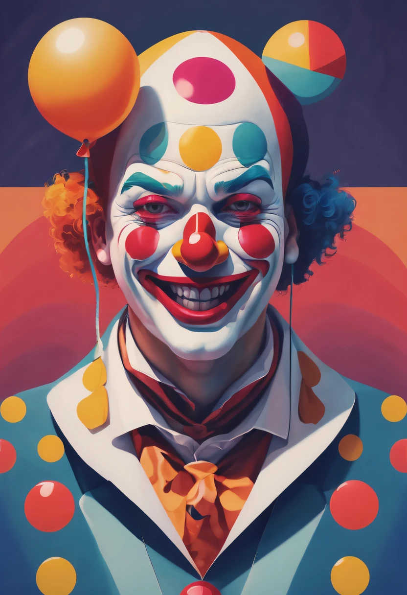 (highres:1.2),geometric illustration, minimalistic, clown portrait, creative artwork, detailed features, vibrant colors, abstract lighting