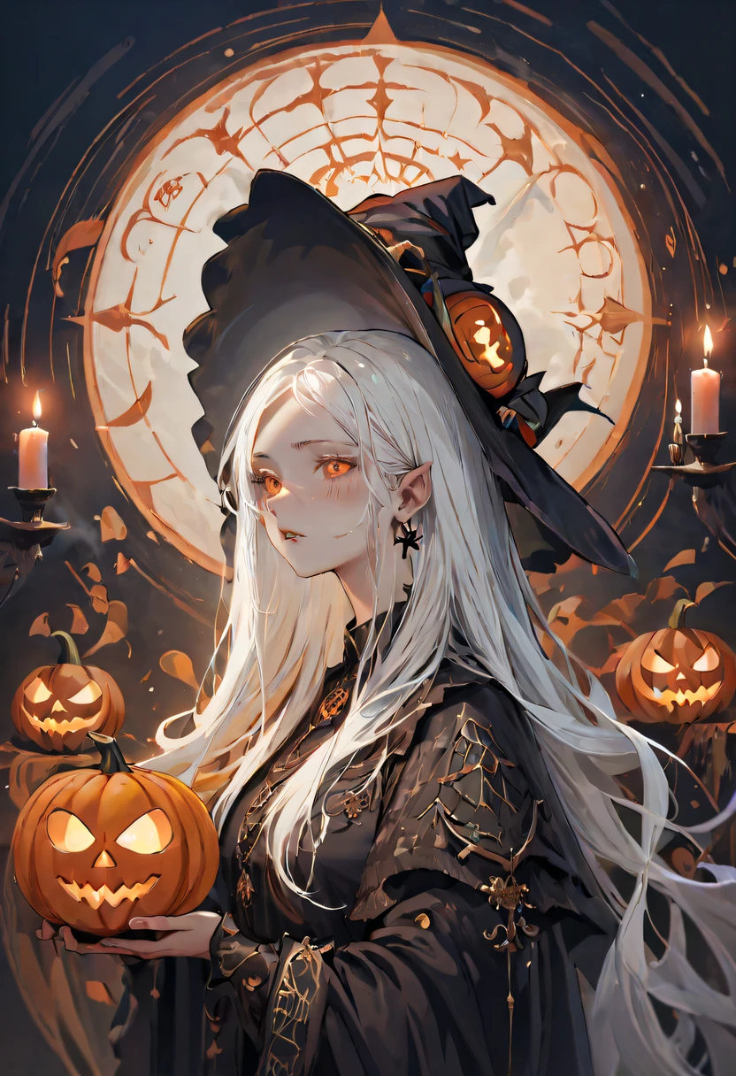 (best quality,4k,8k,highres,masterpiece:1.2),detailed,oriental witch,piercing hawk-like nose,long white hair,magical circle,pumpkin,skull,candles,spiderweb,Halloween,casting magic,bust portrait,illustration