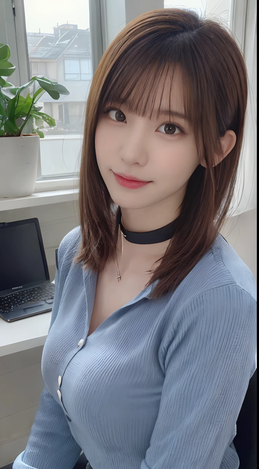 masutepiece, Best Quality, Live action, Ultra-detailed, finely detail, hight resolution, 8K Wallpaper, Perfect dynamic composition, Beautiful detailed eyes, Medium hair in a ponytail,Huge chest under the shirt:2.0、Natural Color Lip, Bold sexy poses,Smile,20 years girl、Cute、Sexy shot looking at camera、Shot from the knee up、full body seen、((ty、s Office、houseplant、Button shirt with collar、pencil skirts、cross one's legs、accessorized、a necklace、neck tie、piercings、Outside the window is an azure sky、Gray walls、a desk、((personal computers))、Line、big eye、long lashes、Colossal tits:1.5、sit a chair、frontage、above knee))