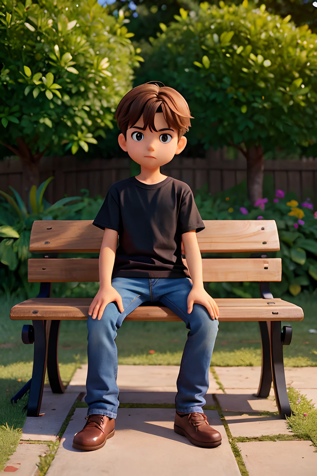 A imagem mostra um menino sentado em um banco de madeira, which is located near a fence. The boy is wearing a black shirt and appears to be looking at the camera. The bench is positioned in the middle of the scene, com a cerca estendendo-se para os lados esquerdo e direito da imagem. The boy's posture and the presence of the bench suggest that this could be a park or a similar outdoor environment.Gere essa imagem no estilo de anima