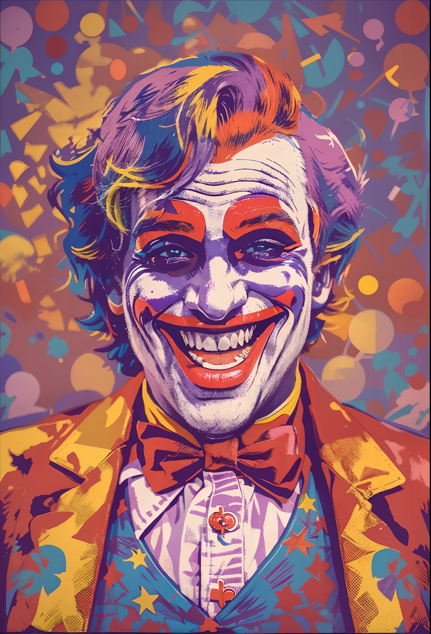 jocker,laughter and joy,Reddens Nose,Funny tricks,Andy warhol,Close-up shot,Side light,Pop art,Masterpiece HD,Best quality,8K