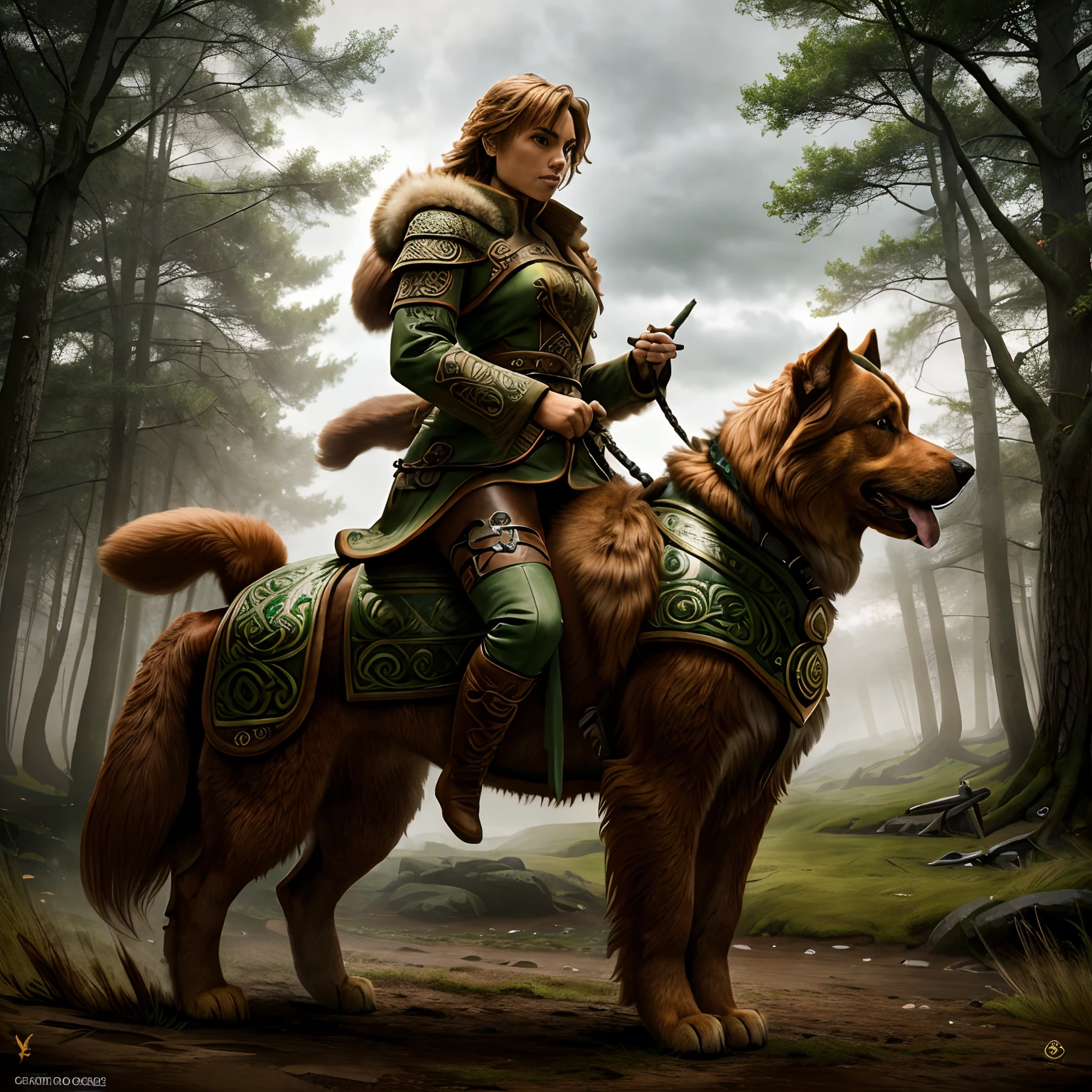 Experience Model ,CeltPunkAI, ember ((solo)) Dressed in a green fantasy coat , Riding a huge dog ! Leonberger breeds !His legs are seen inserted into stirrups attached to the dog ,   dog ((solo)) Sand Color , Leonberger breeds ! , Standing on the background of the morning summer forest , Its four legs and tail are visible , Her sharp teeth are visible ,The dog has a body well developed and muscular ! The dog's coat is long and stiff ! Front light , ((tmasterpiece)), ((beste-Qualit)) , higly detailed,, highest detail, ah high_Detail, coloration, beutiful, HDR, Photorealistic,