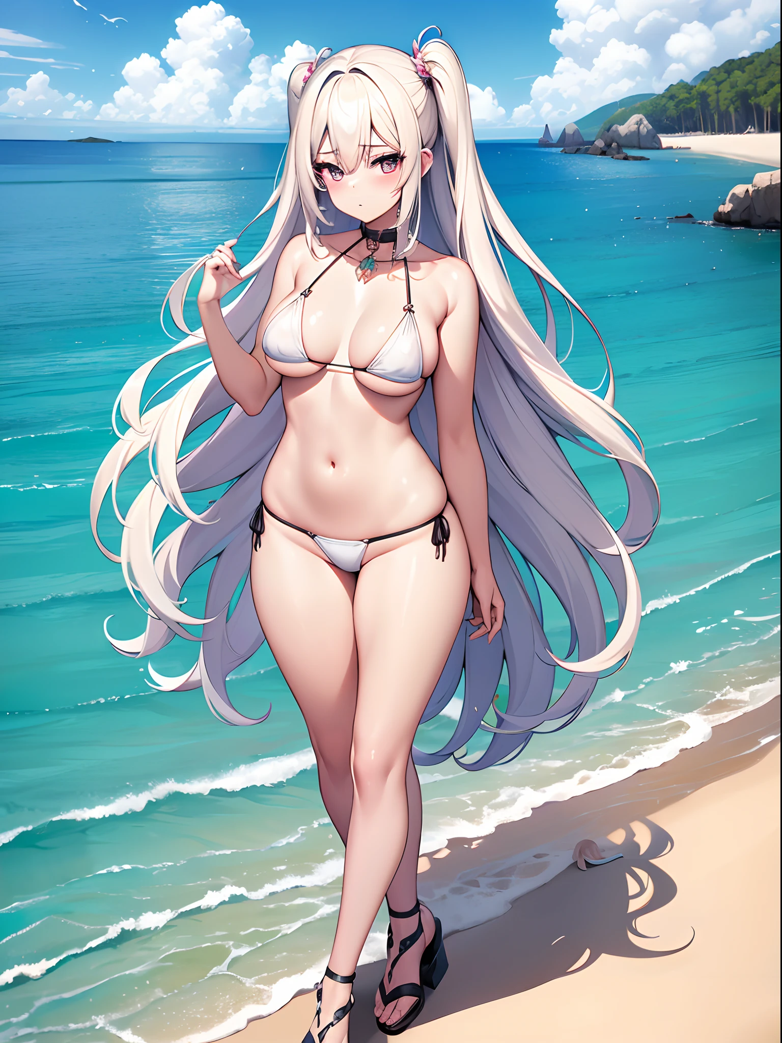 ((Best Quality)), (ultra-detailliert), ((Extremely detailed)), (Beautiful), ((Kawaii Girl)),(two side up hair)、((masutepiece)),Platinum Blonde Hair,Long hair, hair between eye, Wavy Hair, Long sideburns,Jade colored eyes, White skin,Normal Chest,Slender body,side tie bikini bottom、Sandals,in beach,One Woman,Anime