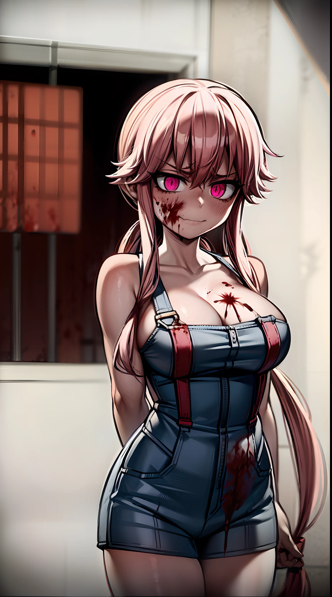 naked suspenders, naked overalls, yuno gasai, long hair, (pink eyes:1.5), pink hair, smile, low twintails, red eyes, (large breasts:1.5), (angry crazy:1.4), (blood splatter:1.5), (face mask:1.3), (perfect hands:1.5), black zip hoodie