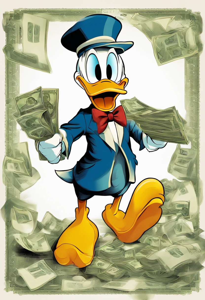donald duck with money in vector style with white background