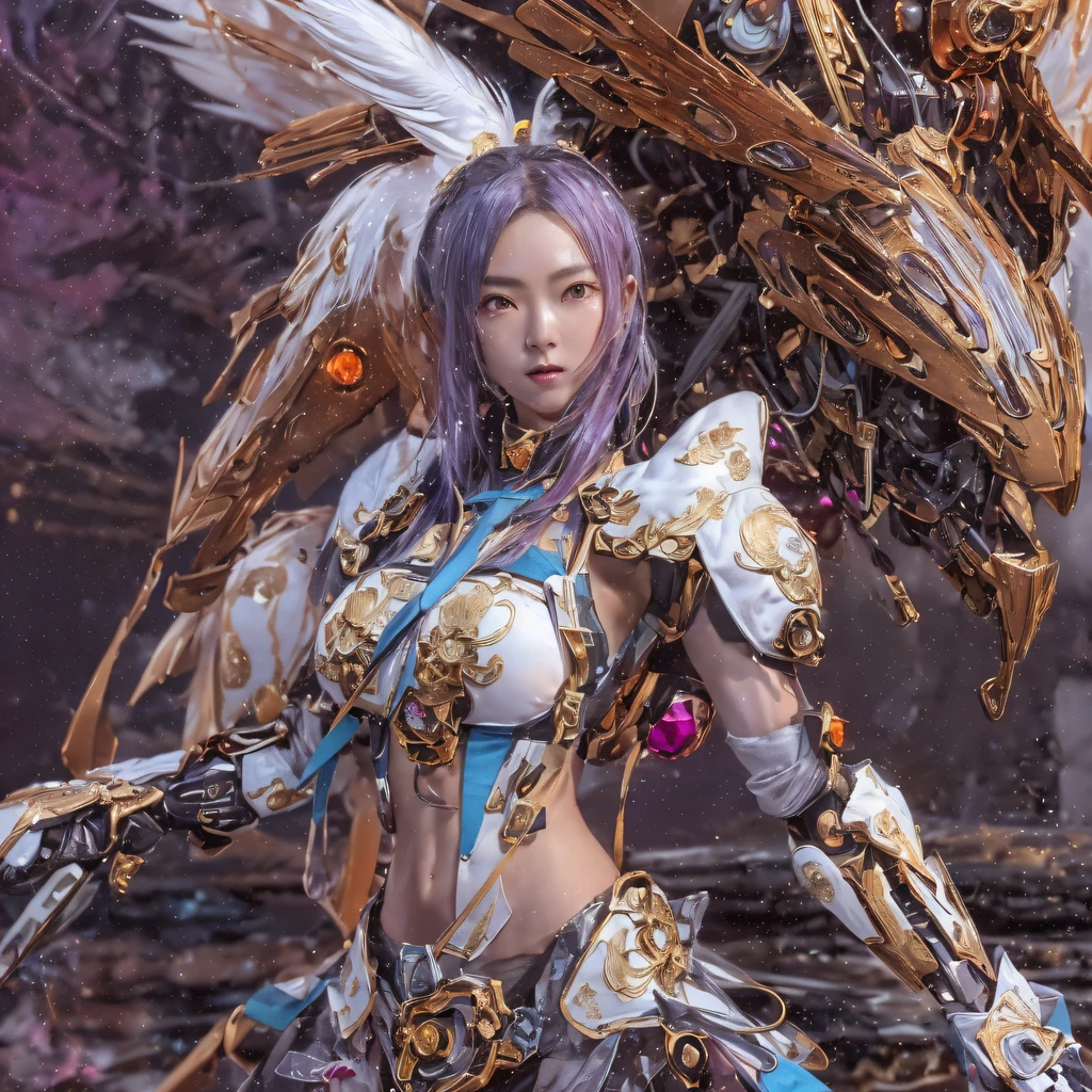 ((Red and white mech girl))National wind circle,Flying nine-tailed fat skull flame ethereal toad star,Golden-black damask white rabbit fur bra,Fuchsia pink diamonds, Tulle burgundy diamond shin guard,CG ,Light orange full set of thick mechs,Giant,, Realistic secret girl rendering, detailed face of a asian girl, Reality in the secret world, Smooth CG art, Realistic. Cheng Yi, Realistic secret style, A lovely secret rendering, 8K portrait rendering, Render character art 8 K, Kawaii realistic portrait,Golden-black damask white rabbit fur bra,Fuchsia pink diamonds, Tulle burgundy diamond shin guard((ultra real detailed.mecha-girl)Mink cotton suit mech,Bright blue and white feathers gold silk shoulder pads,Shi Zhong Huhu female Taoist,Tailfire,Tattooed with,Genius ratio,Silicone texture,Short bright purple hair,3D modeling,4K,8K,16K smooth (Masterpiece, Top quality, Best quality, offcial art, Beauty and aesthetics: 1.2), Very detailed, Colorful, Most detailed, branches,mecha-girl, (Mards)mecha-girl(canyons), (Linen future mech girl), Angry fighting stance, looking at the ground, Batik linen bandana, Crane pattern long sleeve garment,Mecha Maiden Canyon(Abstract propylene splash:1.2), Dark clouds lightning background,Sprinkle with golden mech girl powder(realisticlying:1.4),Black color hair,Flour fluttering,rainbow background, A high resolution, the detail, RAW photogr, Sharp Re, Nikon D850 Film Stock Photo by Jefferies Lee 4 Kodak Portra 400 Camera F1.6 shots, Rich colors, ultra-realistic vivid textures, Dramatic lighting, Unreal Engine Art Station Trend, cinestir 800,Flowing black hair,(((Red and white mech girl))),Front view,Pure transparency,Wear boxing gloves,Ice is permeable to gas,Film light and shadow,Panorama ultra-wide angle,extremely happy,The texture of the real person is delicate,Strong visual impact,Hyper-detailing,Dream girl,Refined face,prettyeyes,high saturated,Wear reflective sunglasses with a thick gold thread,crystal-clear,Good interpersonal skills