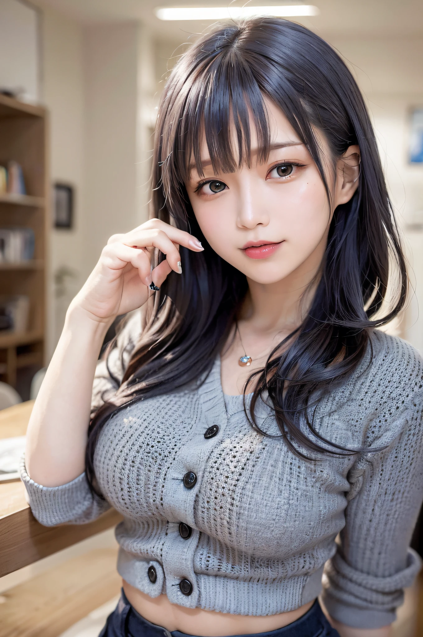 Inside the library full of books、(RAW Photography:1.2)、(Photorealsitic:1.4)、(masterpiece:1.3)、(top-quality:1.4)、超A high resolution、(A detailed eye)、(detailed facial features)、(detailed clothes features)、HDR、8K分辨率、solofocus、bangss、Skin tightening、(shinny skin)、(Slender girl)、dream-like、
(Extreme detail)、Confirmation of commentary、Request for commentary、landscapes、without text、
Virtual Girl-Aim、
1girl in、full bodyesbian、
cute little、innocence、
(a smile)、