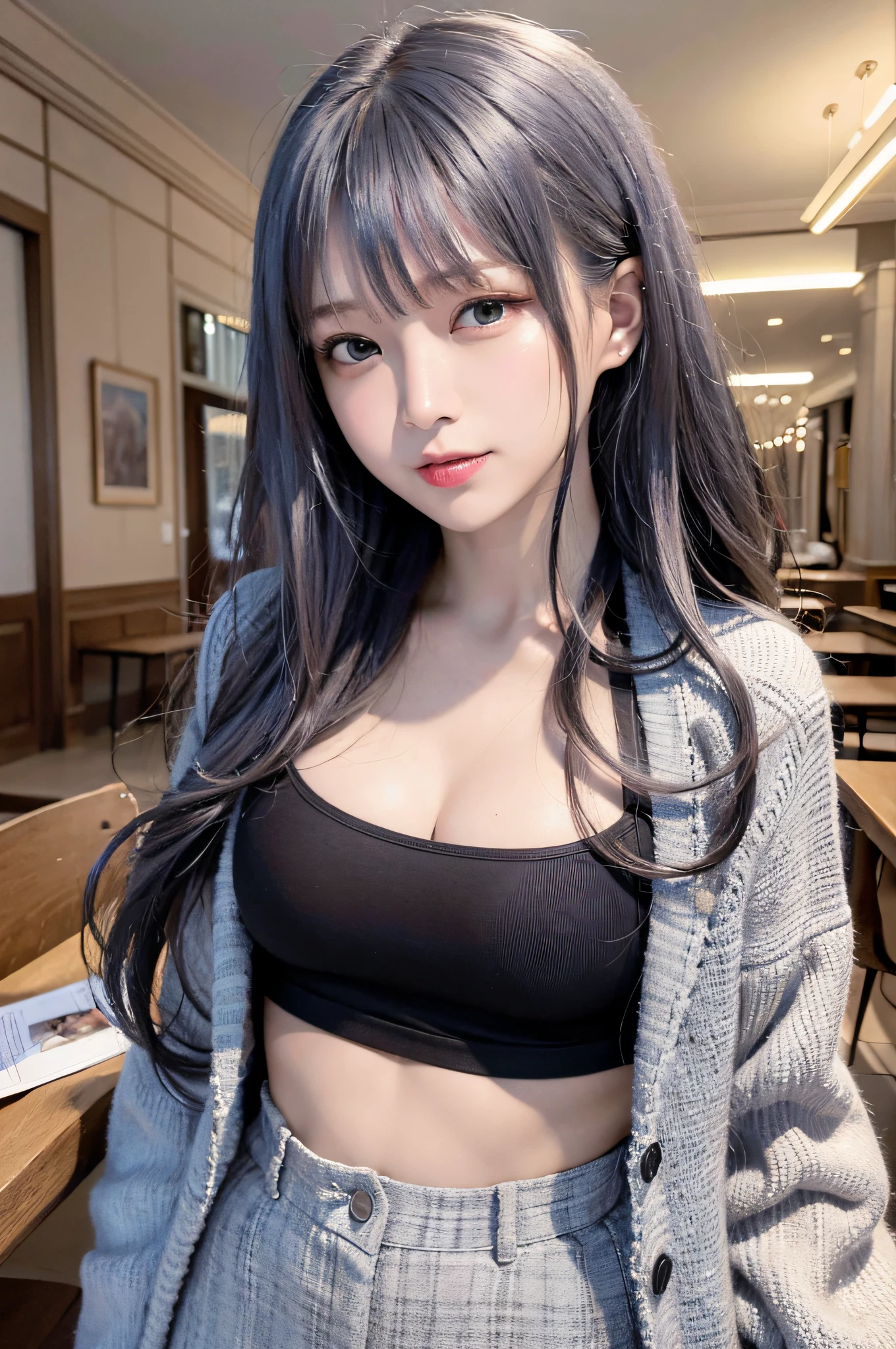 (8k, RAW photo, ultra high res, best quality, masterpiece:1.2), (realistic illustration), (extremely detailed CG unity 8k wallpaper), absurdres,
1 girl,21 yo, beautiful face,medium breasts,black medium hair,smile,tilting head,grin,upper body,slim fit pants,gray tailored jacket,office,upper body、乃木坂アイドル、女優、韓国アイドル