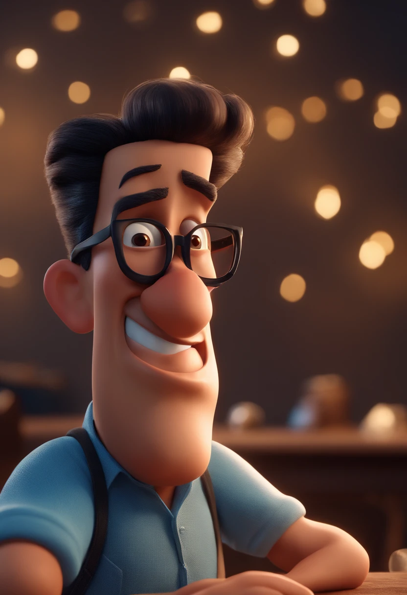 Cartoon character of a man with black glasses and a blue shirt, animation character, Caractere estilizado, animation style rendering, 3D estilizado, Arnold Maya render, 3 d render stylized, toon render keyshot, Personagem 3D, Personagem 3D, 3d rendering stylized, 3 d character render, personagem de desenho animado, Personagem de close up, Pose de personagem, (Estilo Pixar) (master part:1.2) (Bokeh) (best quality) (pele detalhada) (textura detalhada) (8k) (argila) (Cinematic lighting) (foco nítido