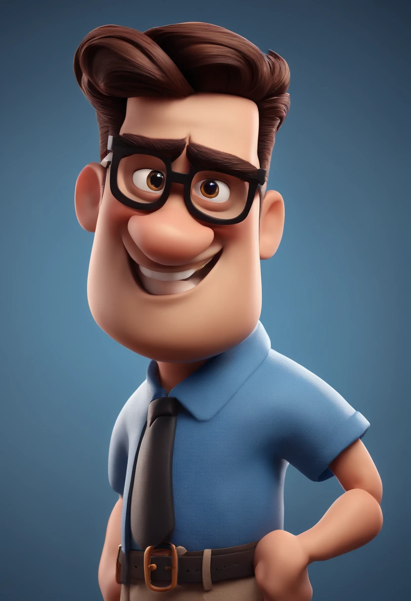 Cartoon character of a man with black glasses and a blue shirt, animation character, Caractere estilizado, animation style rendering, 3D estilizado, Arnold Maya render, 3 d render stylized, toon render keyshot, Personagem 3D, Personagem 3D, 3d rendering stylized, 3 d character render, personagem de desenho animado, Personagem de close up, Pose de personagem, (Estilo Pixar) (master part:1.2) (Bokeh) (best quality) (pele detalhada) (textura detalhada) (8k) (argila) (Cinematic lighting) (foco nítido