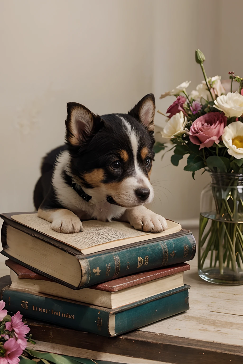 a puppy sitting on a book with flowers and a book, aww, cute detailed, cute dog, curled up on a book, beautifully
