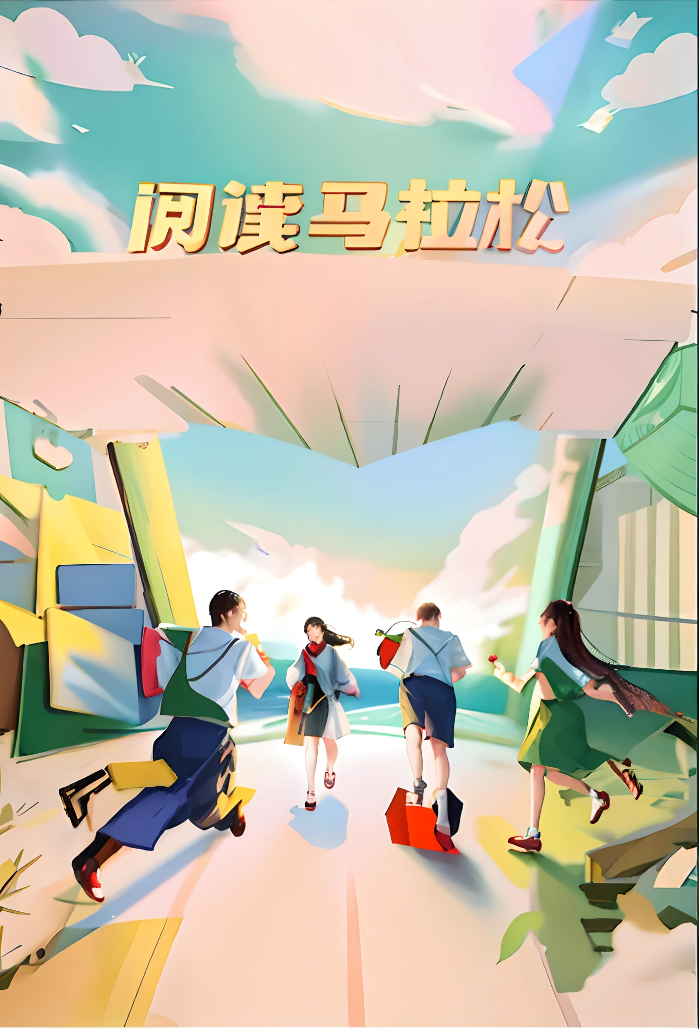 There were three people running around a book,The background of the book is the sky, exciting illustration, author:Cheng Jiasui, promotional poster, novel cover, warm and joyful atmosphere, author:Wang Yi, daily life, poster for, inspired by Ding Yunpeng, by Yang J, author:Qu Leilei, encyclopedia illustration, author:Xia Chang, author:Li Fangying, trending on cgstation, Weibo